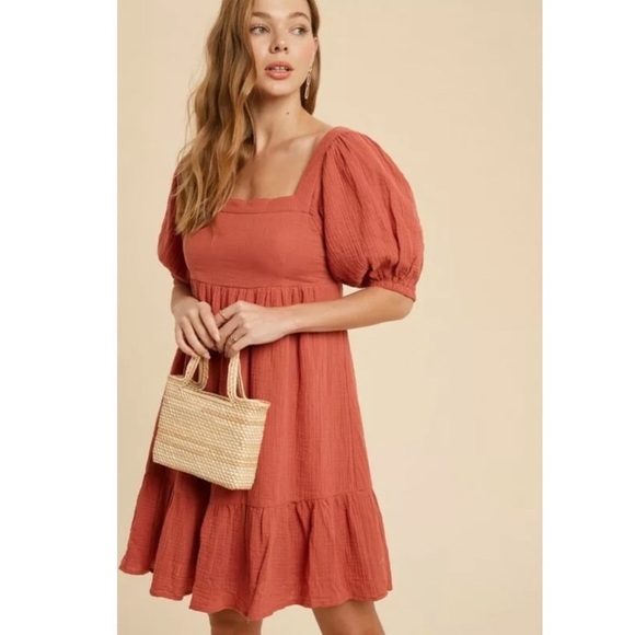 SOLD OUT Burnt Coral Gauze Boho Ruffle Babydoll Dress - Picture 2 of 7